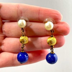 Vintage Real LAPIS LAZULI Stone & PEARL Gold Plated Luxury MermaidCore Earrings